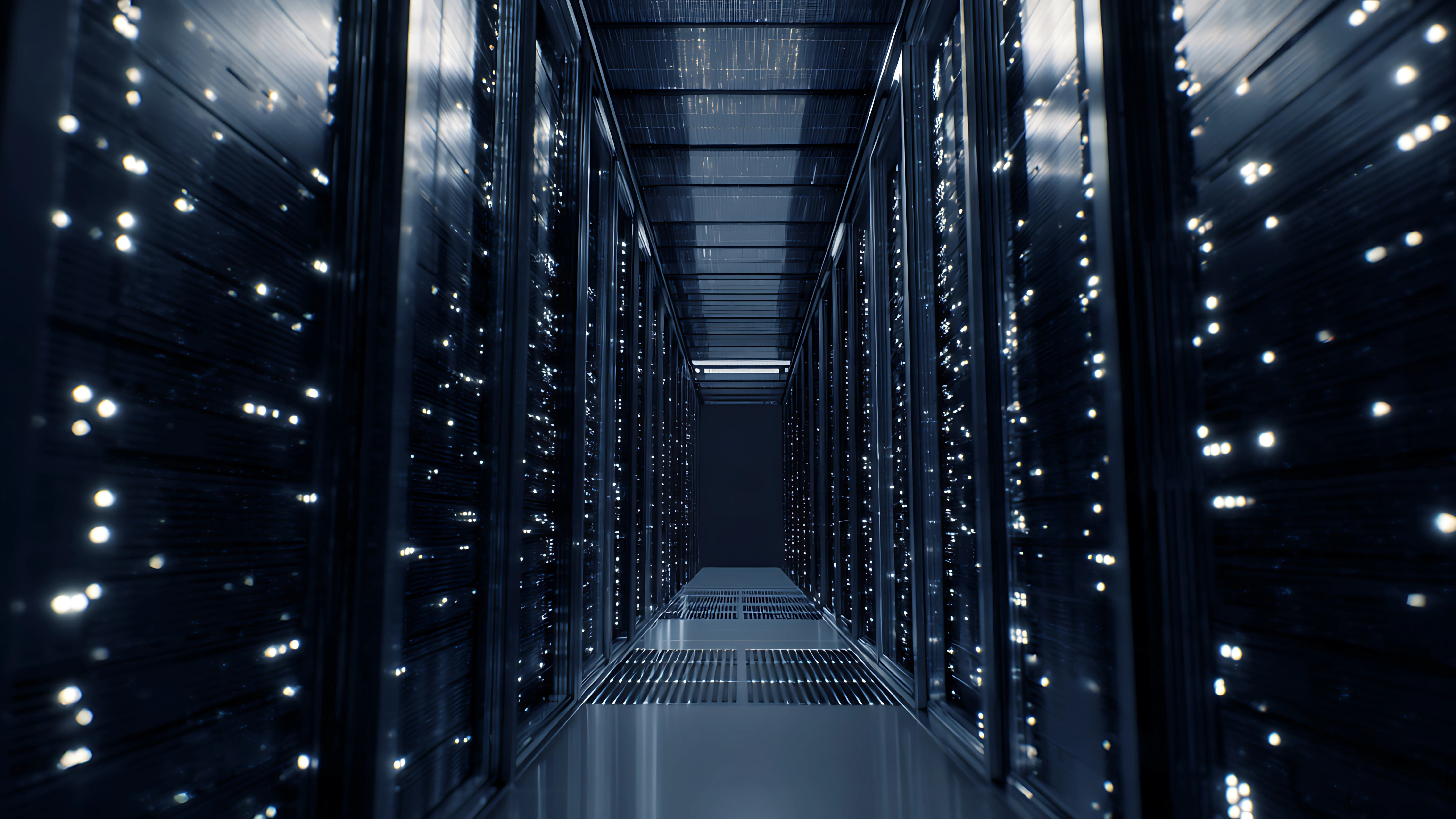 Server racks lining a dark data-center corridor