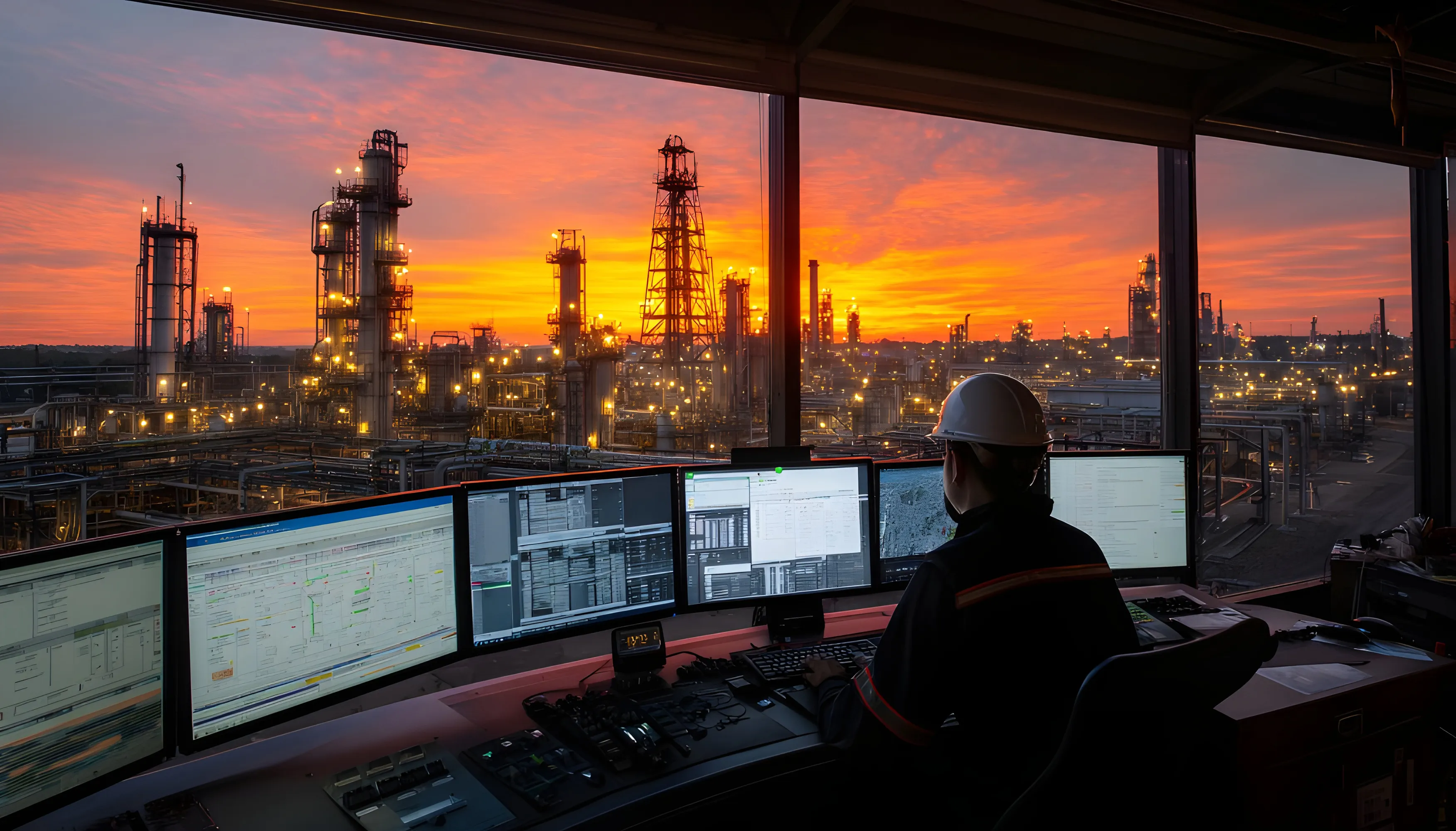 Operator monitoring a refinery from an OT control room at dusk